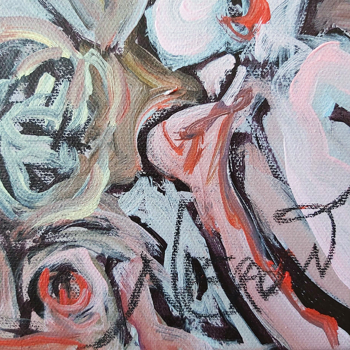 Detail of Sea Triumph (2021) by Audrey Néron – acrylic and oil on canvas, close-up of abstract swirling shapes and fragmented human forms in pink, red, beige, and grey tones with bold brushstrokes.