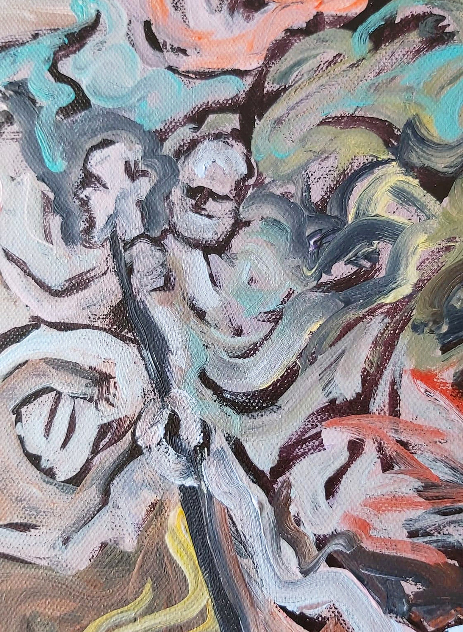 Detail of Sea Triumph (2021) by Audrey Néron – acrylic and oil on canvas, close-up of abstract human faces and swirling brushstrokes in pastel pinks, greens, blues, and warm tones, expressing movement and fluidity.