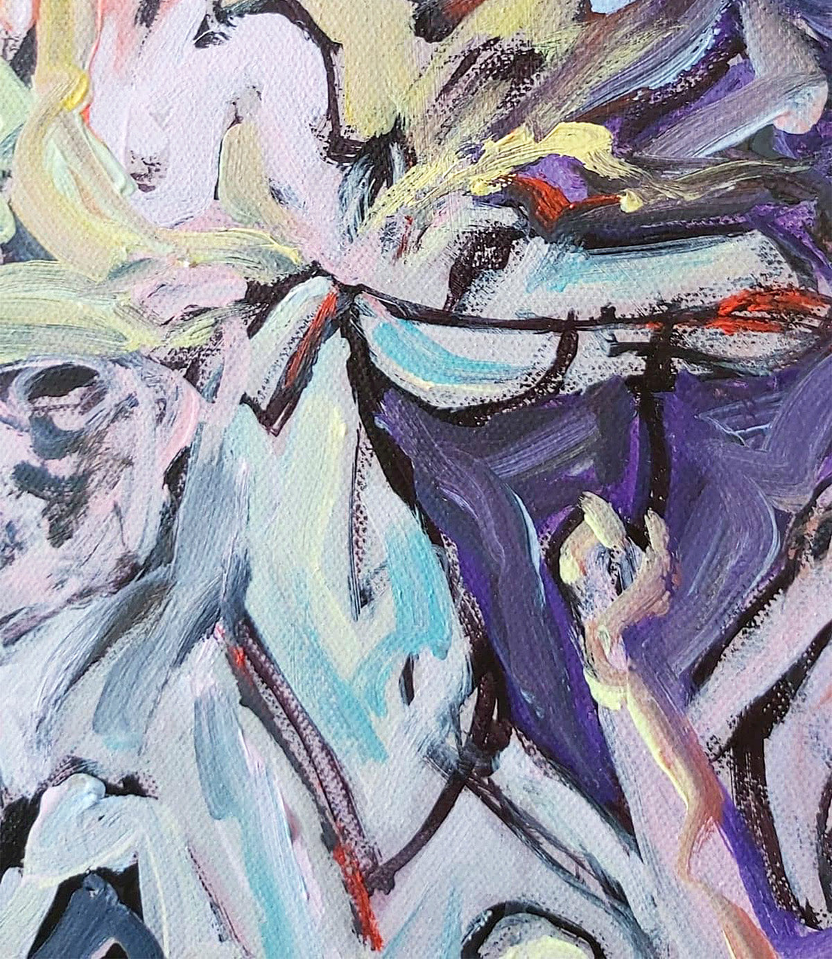 Detail of Sea Triumph (2021) by Audrey Néron – abstract expressionist painting in acrylic and oil on canvas, close-up showing intertwined human forms in pastel pinks, purples, and blues with dynamic brushstrokes.