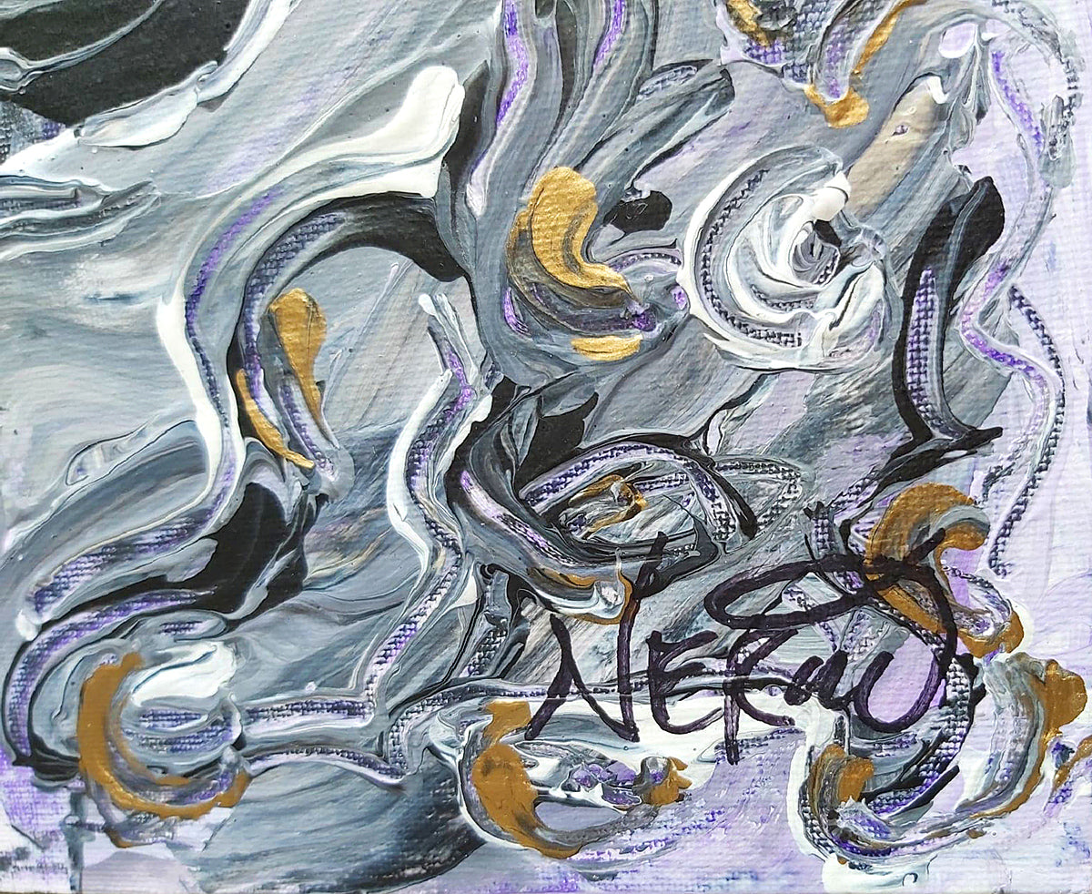 Close-up detail of Audrey Néron's painting 'Sun King' (2019), showing rich impasto textures in black, white, gold, and lavender with the artist's signature in bold strokes.