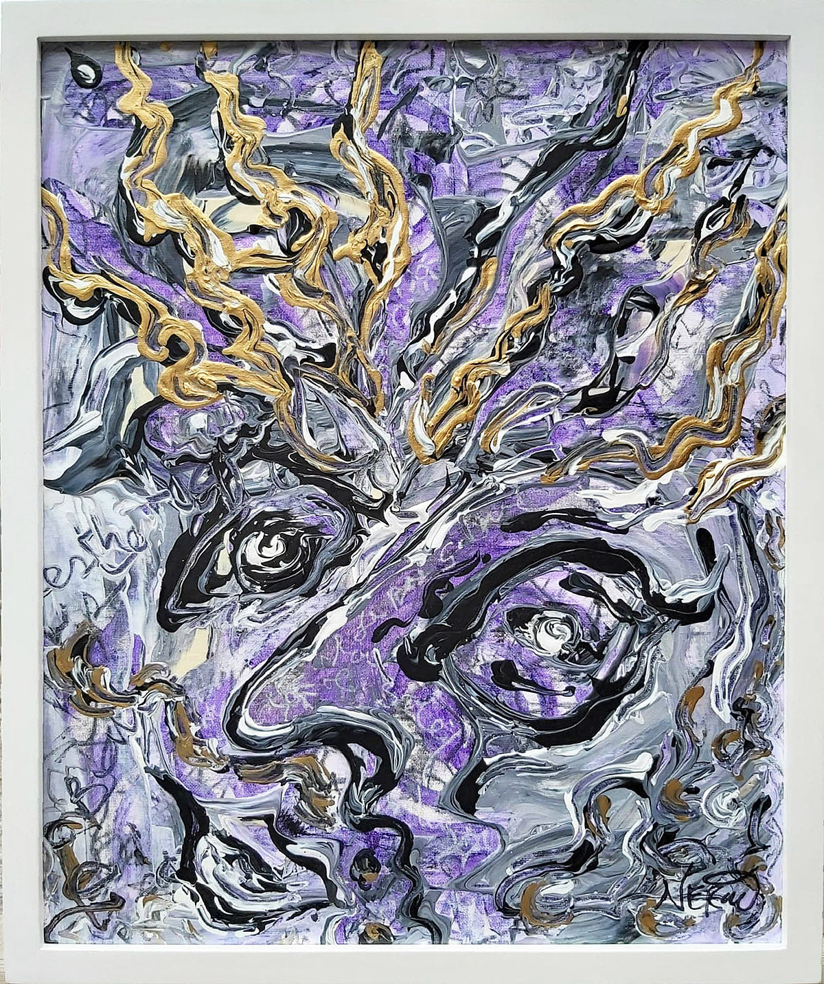 Framed abstract portrait painting titled "Sun King" by Audrey Néron, featuring swirling gold, black, white, and purple textures forming an expressive face with intense eyes and dynamic lines.