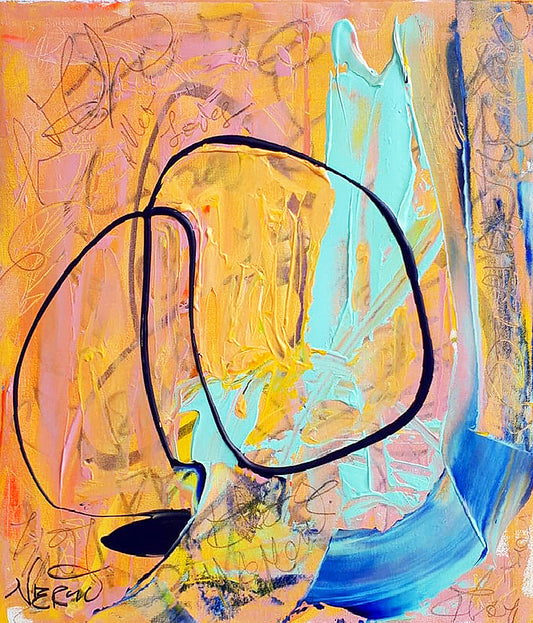 Original abstract painting titled "Sunset" by Audrey Néron, featuring expressive strokes of orange, yellow, turquoise, and black on canvas, evoking the emotional depth and beauty of a sunset.