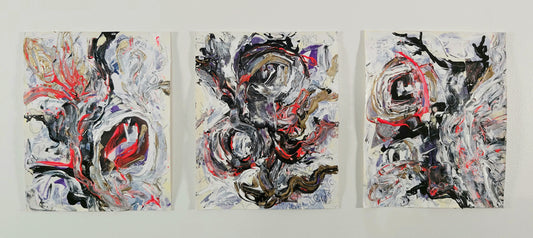 Triptych abstract artwork by Audrey Néron titled Flammae Mundi, Serpentis Ignis, and Arbor Vitae (2020), featuring fiery reds, layered textures, and gestural forms on canvas mounted on wood.