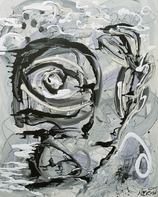 Abstract painting titled Ukje by Audrey Néron featuring swirling black and white forms with pastel and graphite textures on canvas in a monochromatic palette.