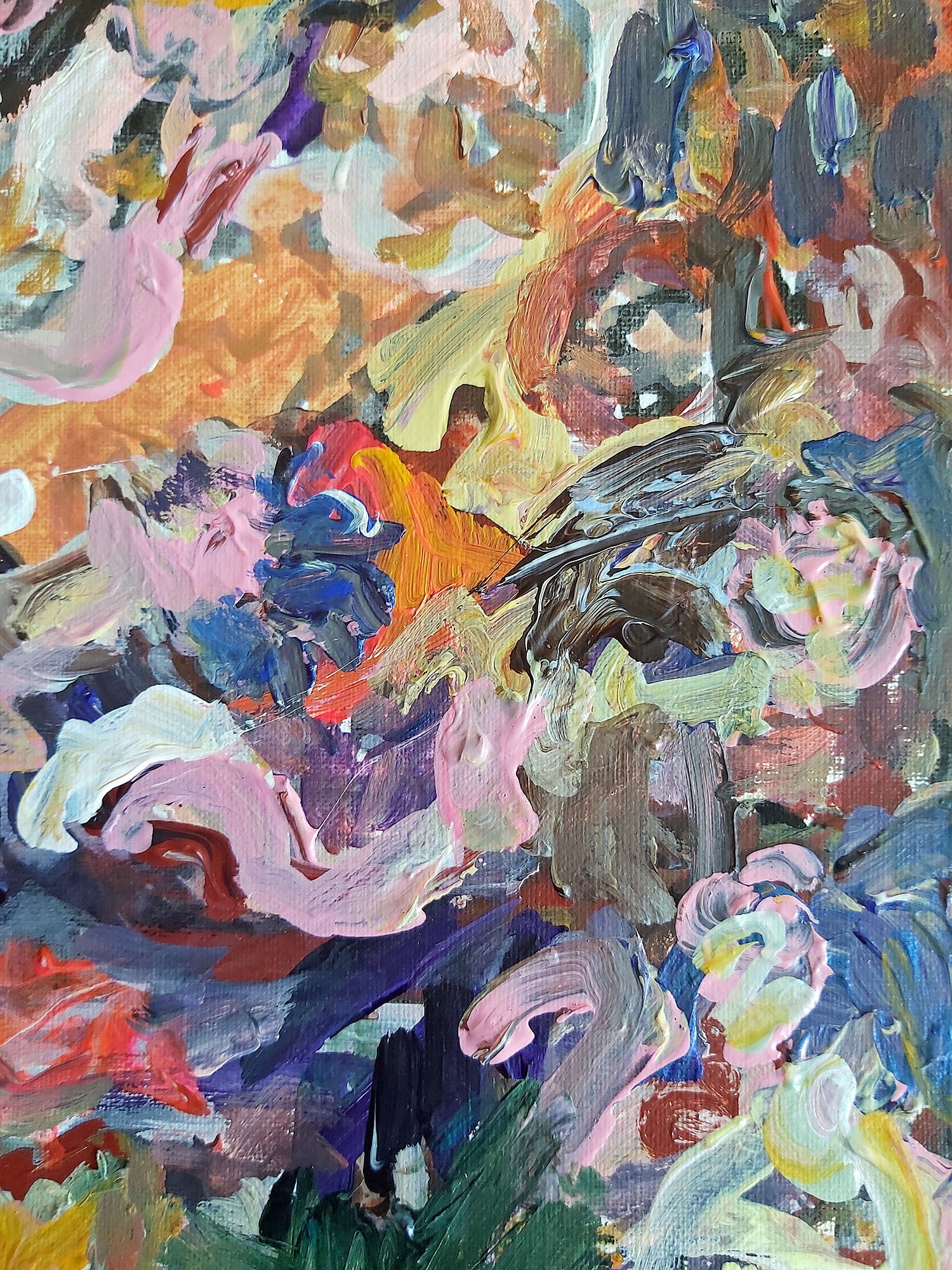 Close-up of Audrey Néron’s 2022 painting Ultima Vox, featuring layered brushstrokes in vivid pink, ochre, violet, and blue tones. The texture evokes a dense, expressive swirl of abstracted forms, suggestive of human presence and organic movement.