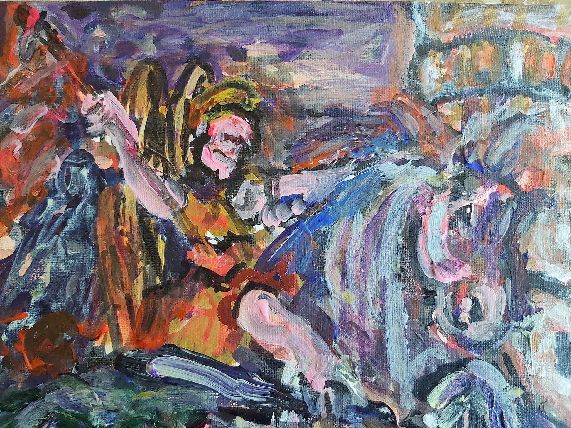 Detail of the top left corner of Audrey Néron's "Ultima Vox" (2022), showing an abstract angelic figure with wings and a raised arm in vivid brushstrokes of red, gold, and violet.