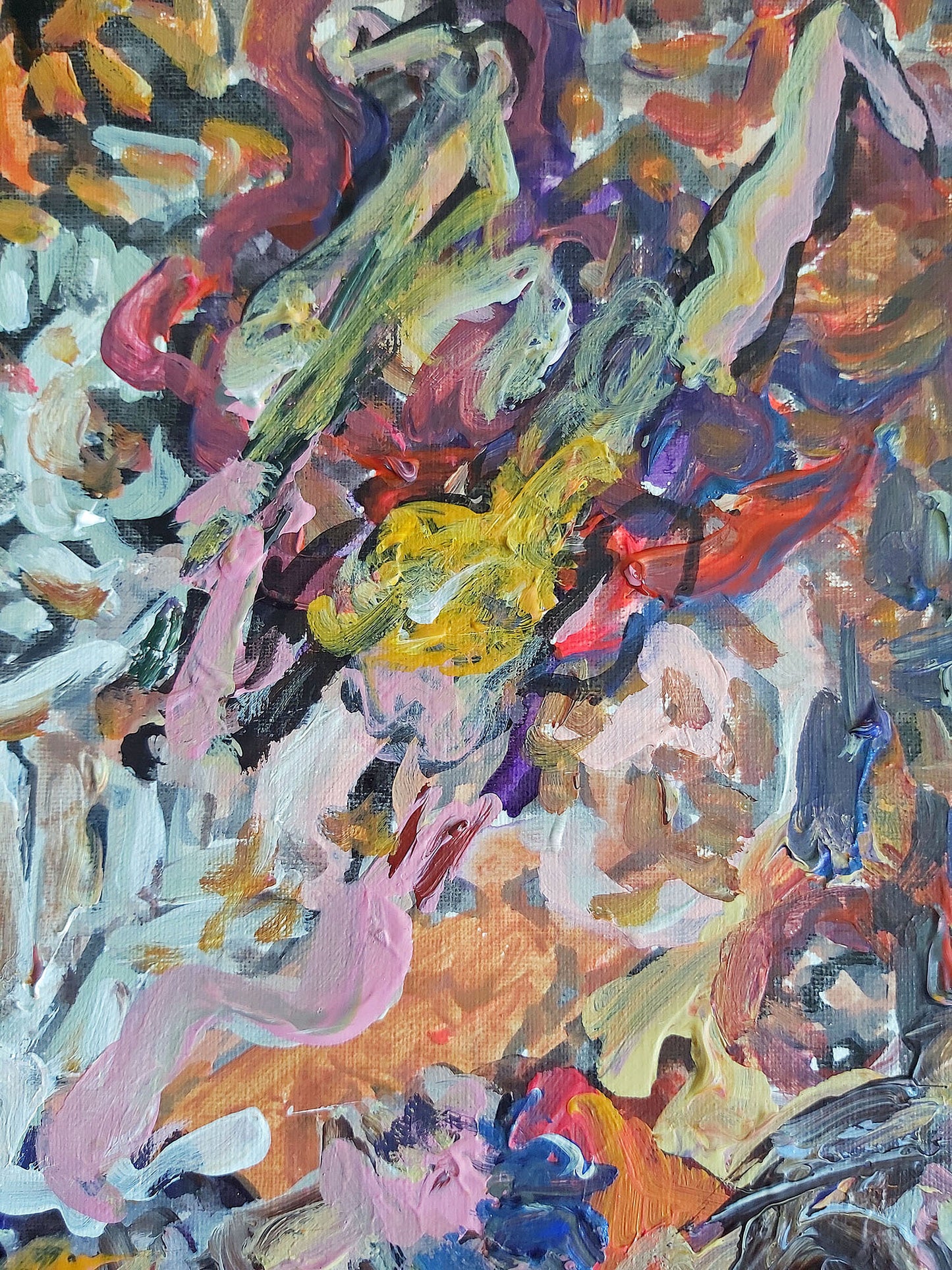 Detail of Audrey Néron’s 2022 painting Ultima Vox, showing a swirl of ascending abstract figures in warm tones of yellow, pink, red, and green, evoking a sense of movement, chaos, and spiritual elevation.