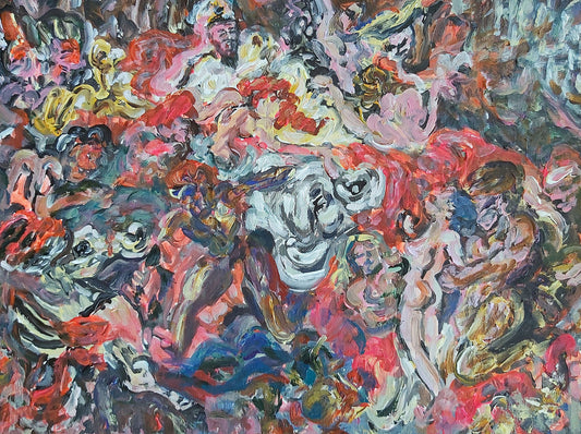 Abstract expressionist painting by Audrey Néron titled Ultimus Clamor (2022), featuring dynamic red, black, and flesh-toned brushstrokes on Canson paper mounted on wood, 12 x 16 inches, evoking a moment of human struggle and emotional climax.