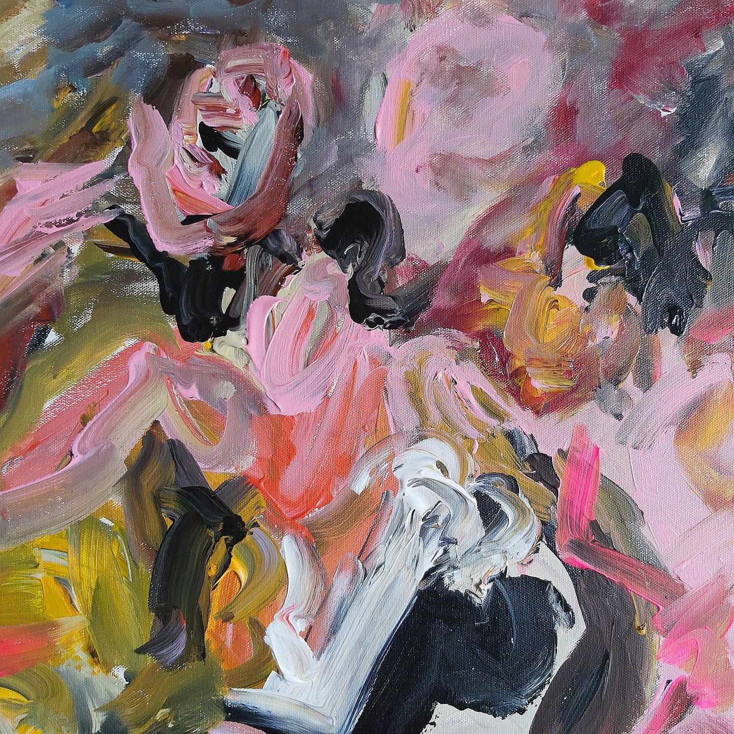 A close-up detail of Audrey Néron's abstract painting "Visio Fluxus" (2024). This section highlights a fluid interplay of pink, white, yellow, and black brushstrokes. The shapes suggest a figurative element, with abstracted forms resembling a human figure emerging from the vibrant layers. The textured surface and dynamic movement of the paint evoke a sense of life and transformation, central to the "Garden of Delights" series.