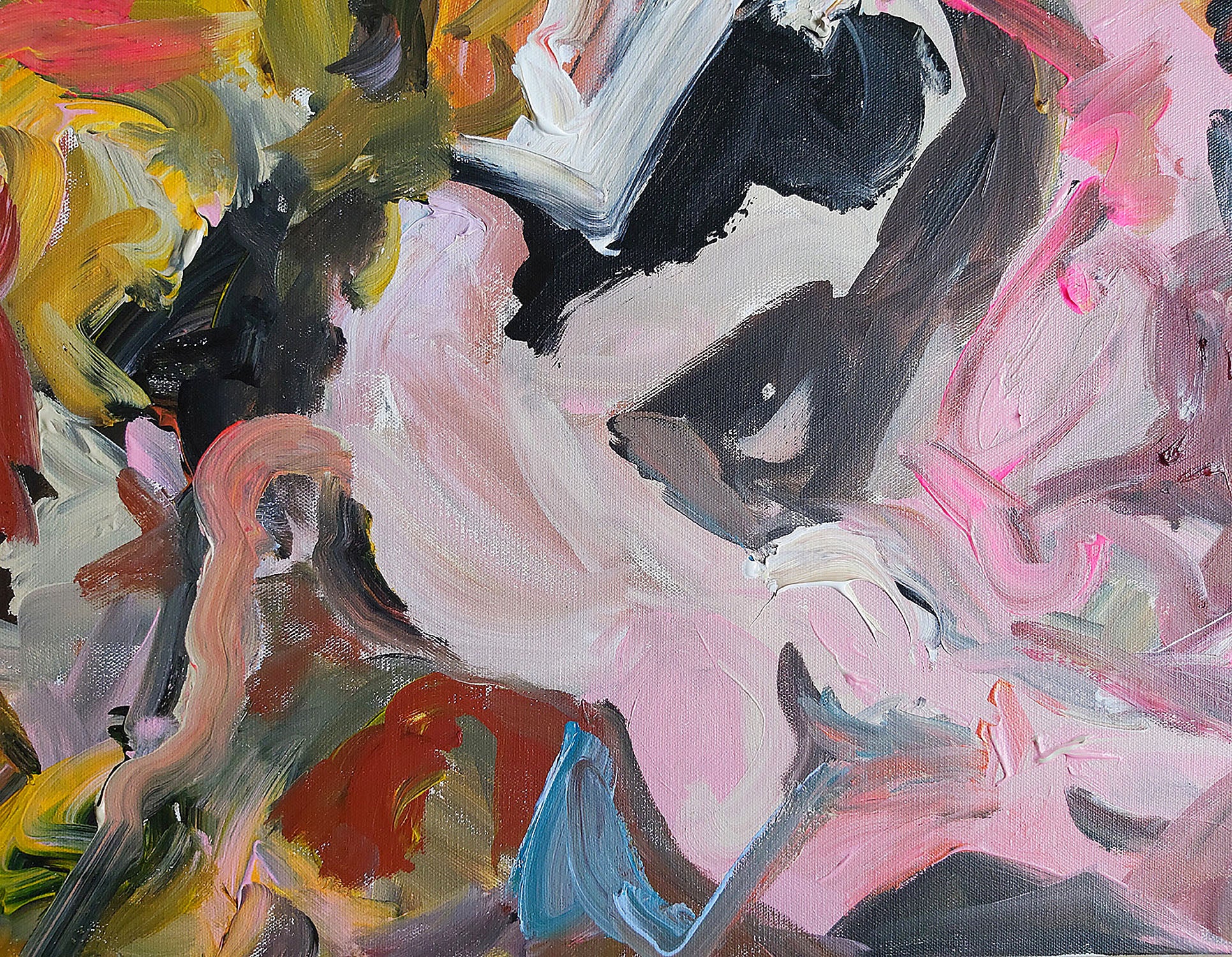 A detailed view of Audrey Néron's painting "Visio Fluxus" (2024) focusing on a figurative element resembling an eye and part of a character. The expressive brushstrokes in shades of black, pink, and white create an abstract yet emotive depiction. The layering of colors and dynamic movement evoke a sense of depth and mystery, inviting the viewer to interpret the figure's expression within the vibrant composition of the "Garden of Delights" series.