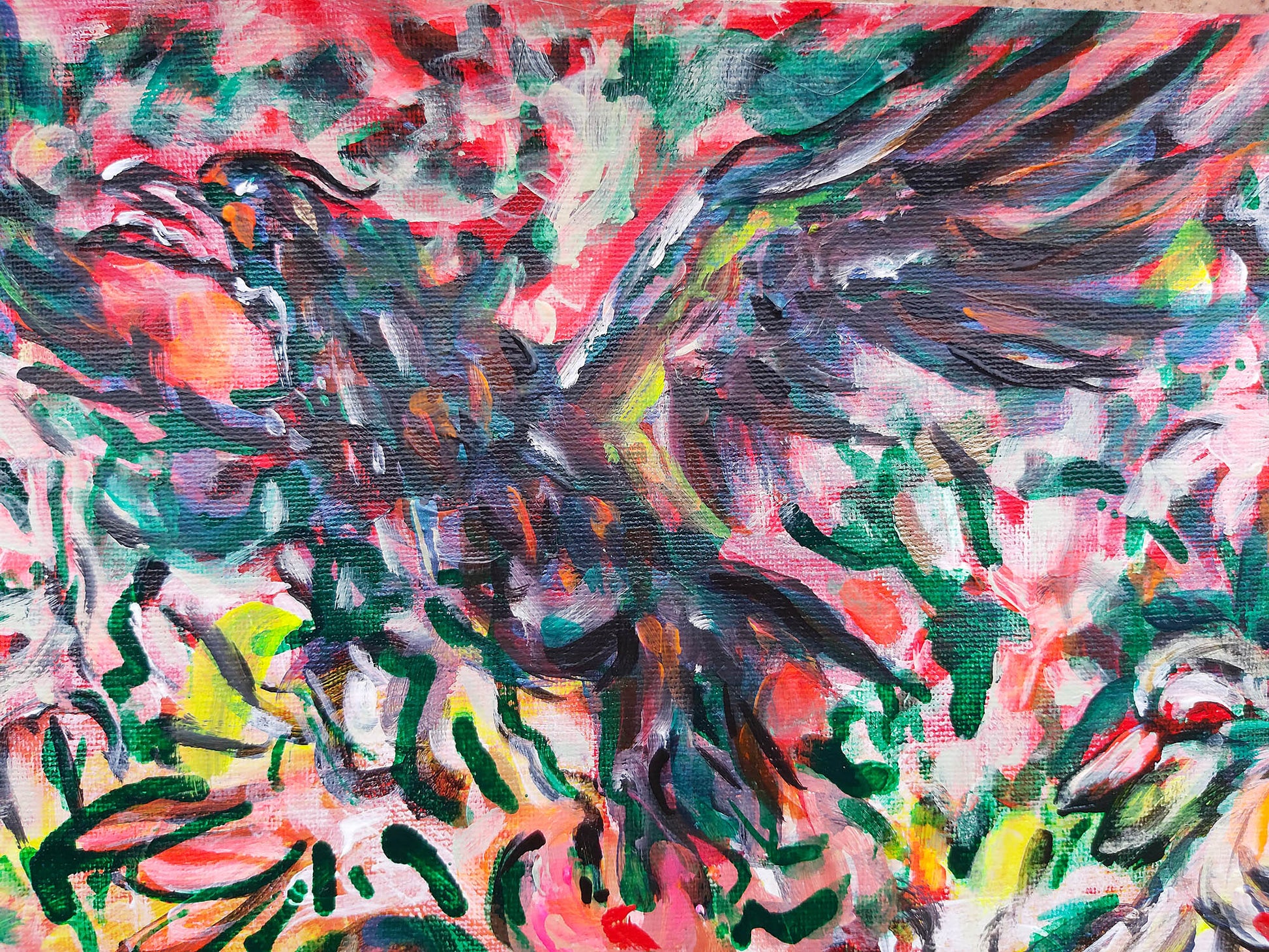 "Volucrum Symphonia" (2025) – A vibrant composition in acrylic and ink from Audrey Néron’s "Avium Caos" series. This artwork captures the dynamic energy of a bird mid-flight, set against a backdrop of swirling, bold hues, celebrating the chaos and beauty of nature.