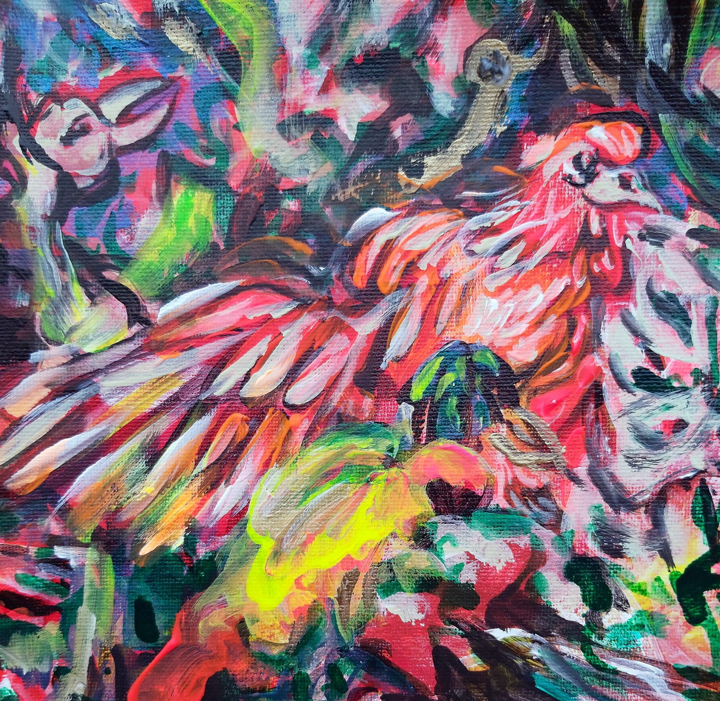 Volucrum Symphonia" (2025) – Vibrant acrylic and ink artwork from the "Avium Caos" series by Audrey Néron. Featuring dynamic strokes and vivid colors, this piece captures the lively energy and interconnected beauty of the avian world.