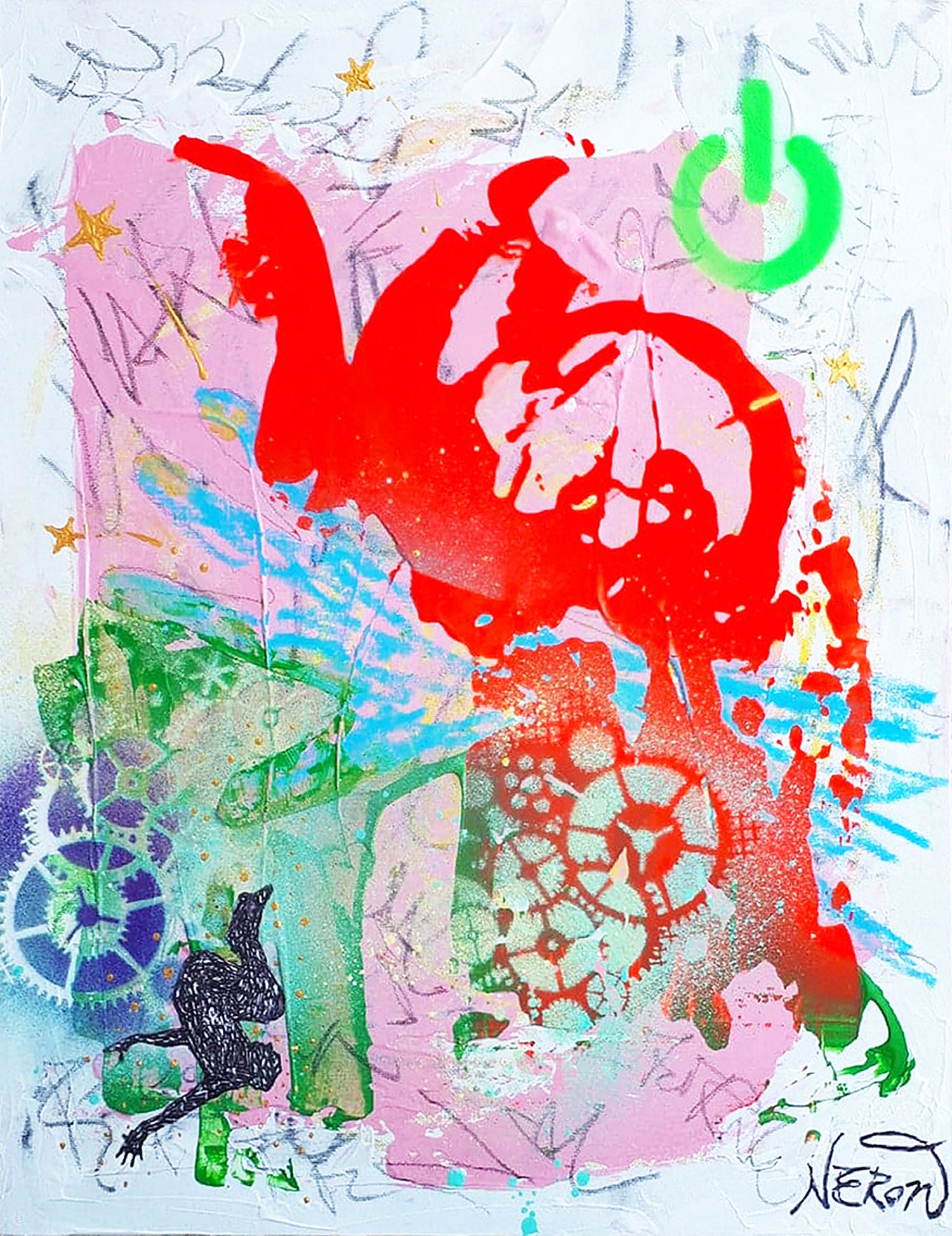 ASANA, 2019, original contemporary artwork by Audrey Néron. Mixed media on cardboard canvas combining acrylic, oil, spray paint, pastel, China marker, and graphite. Perfect for modern and abstract art collectors