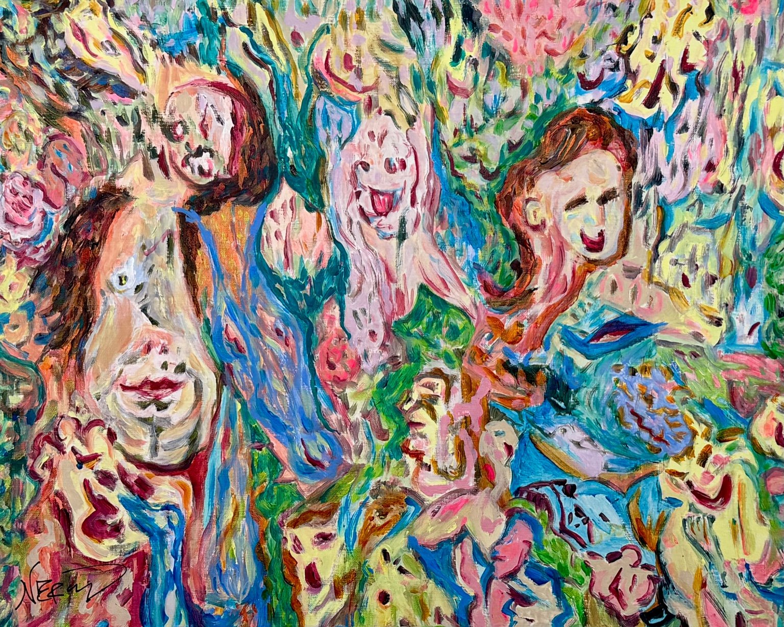 Abstract figurative painting featuring expressive human forms and floral elements, Blooming Choir (2025) by Audrey Néron.