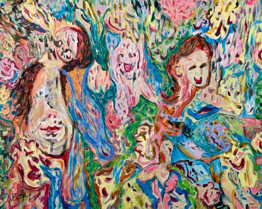 Abstract figurative painting featuring expressive human forms and floral elements, Blooming Choir (2025) by Audrey Néron.