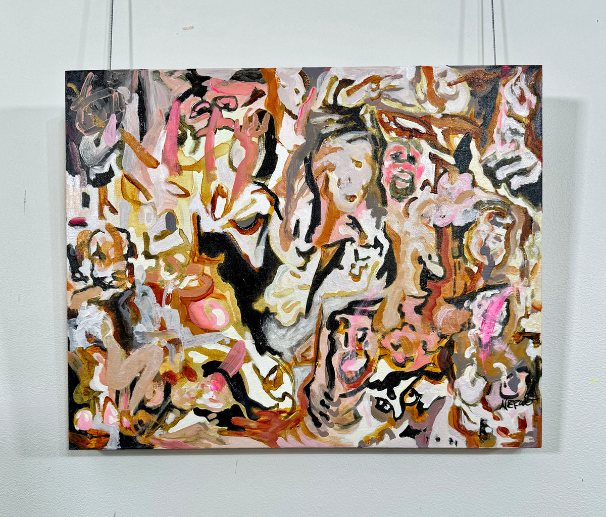 Carnis Festa (2026) by Audrey Néron, abstract figurative acrylic painting on canvas mounted on wood panel, shown hanging on a white wall.