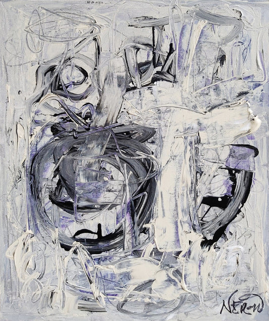 Original abstract painting "Dorian" by Audrey Néron, neutral grey textured artwork with black and subtle purple tones, ready to hang
