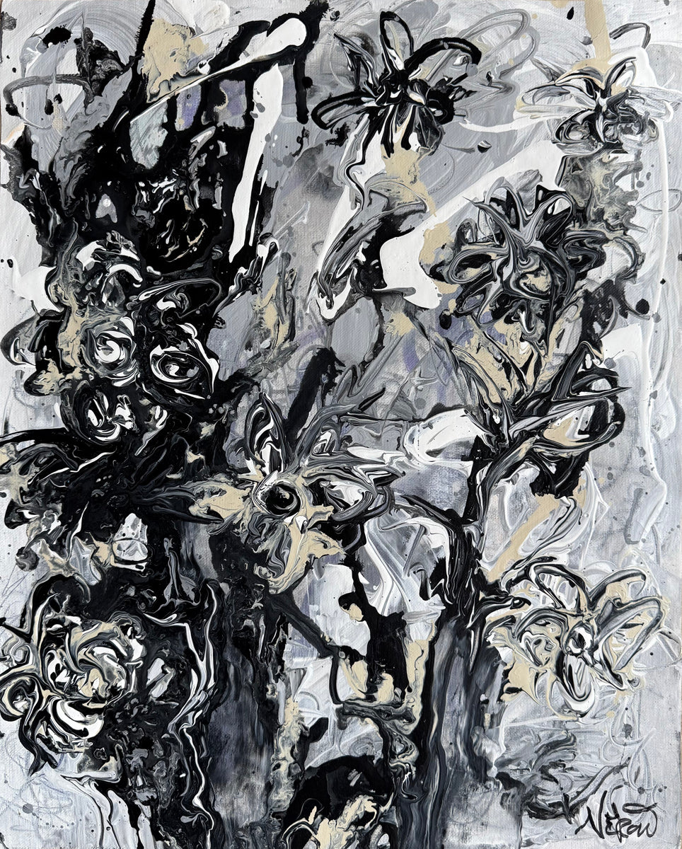 Monochrome abstract painting "Fifty Shades of Grey I" by Audrey Néron, black and grey textured composition with gestural lines, framed and ready to hang