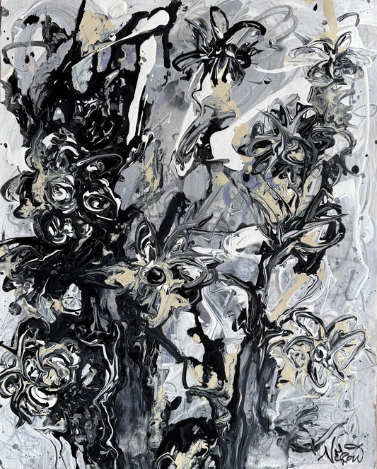 Monochrome abstract painting "Fifty Shades of Grey I" by Audrey Néron, black and grey textured composition with gestural lines, framed and ready to hang