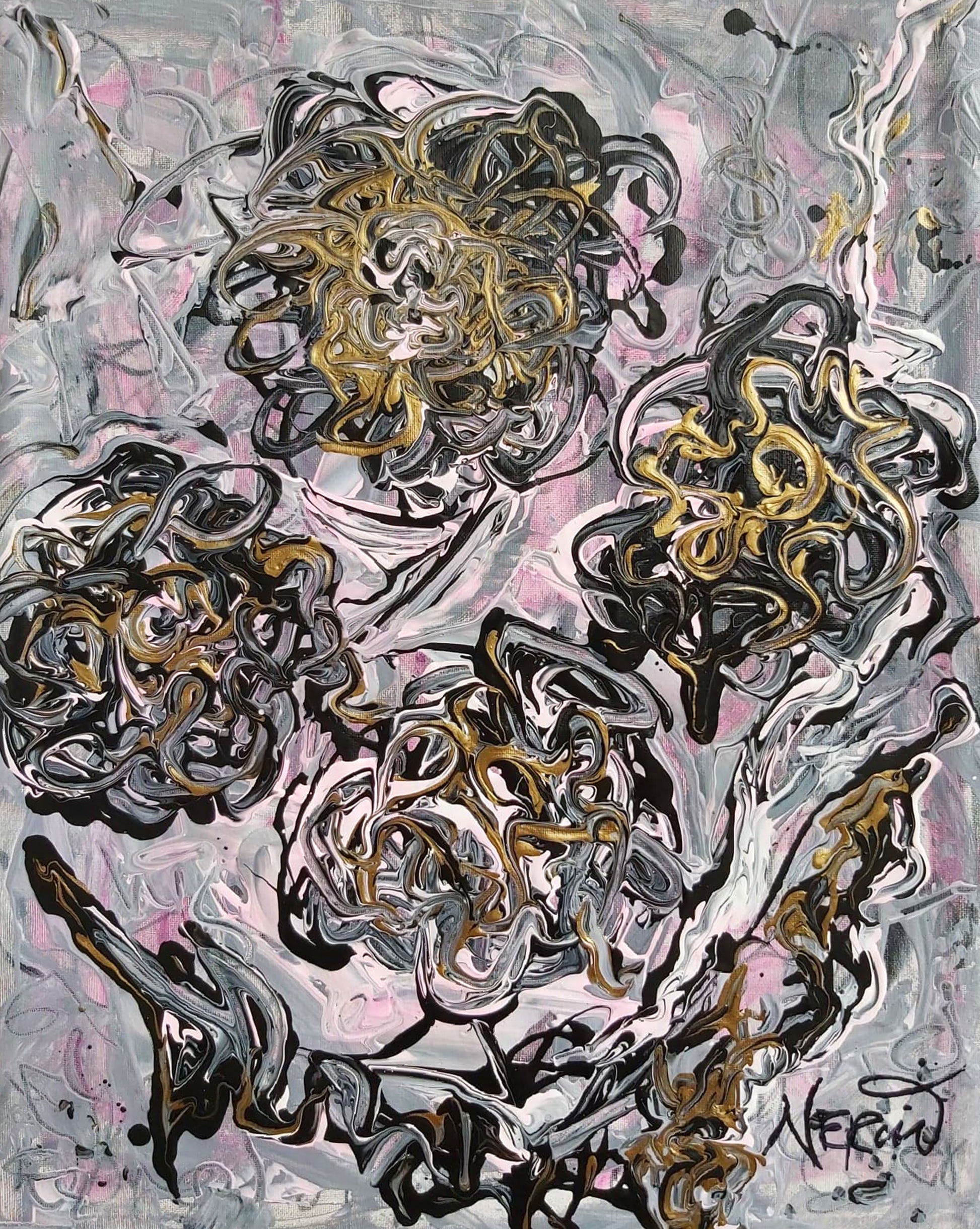 Black and grey abstract painting by Audrey Néron with gold accents, gestural textured composition, framed artwork
