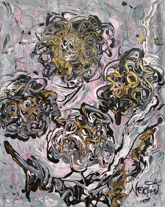 Black and grey abstract painting by Audrey Néron with gold accents, gestural textured composition, framed artwork