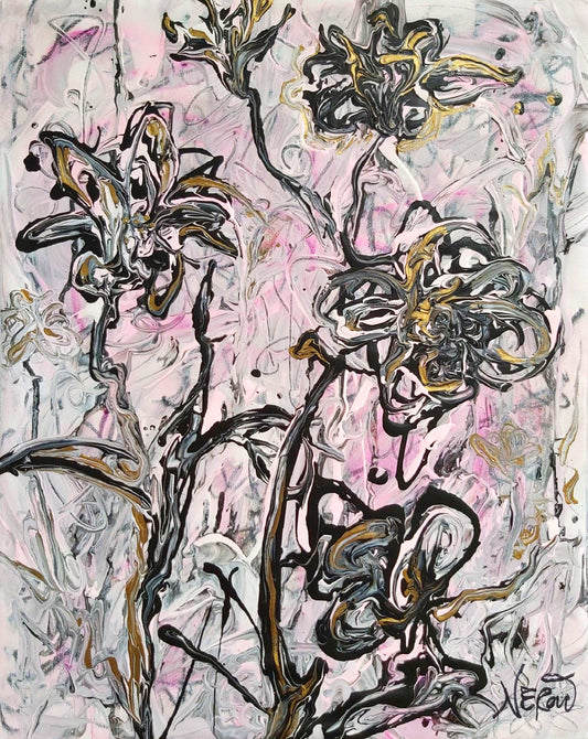 Monochrome abstract painting "Fifty Shades of Grey I" by Audrey Néron, black and grey textured composition with gestural lines, framed and ready to hang
