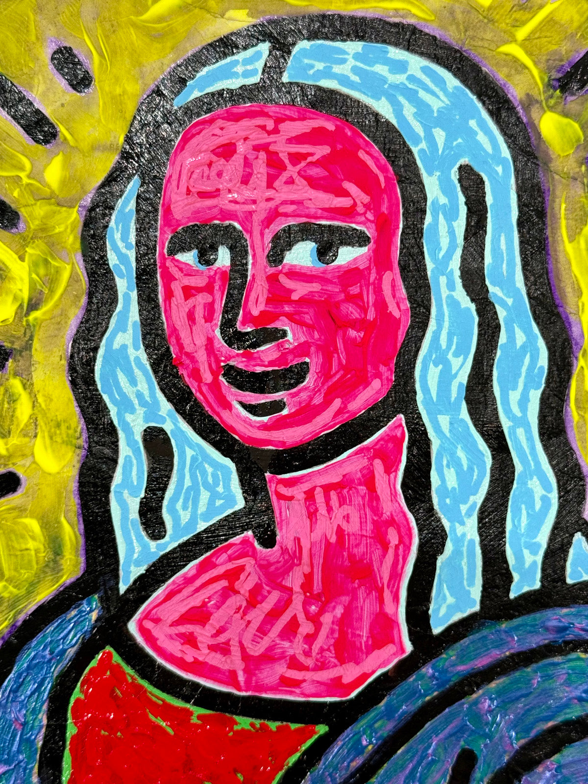 Close-up detail of Mona by Audrey Néron, showing a pink face with expressive brushstrokes, bold black outlines, light blue hair, and a vibrant yellow halo background.