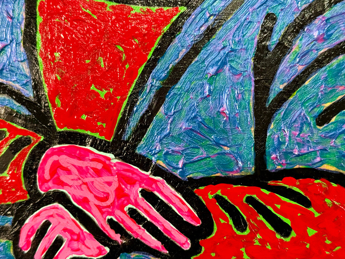 Close-up detail of Mona by Audrey Néron, featuring pink hands outlined in black, red sleeves, and a textured blue-green robe painted in a bold Pop Icon style.