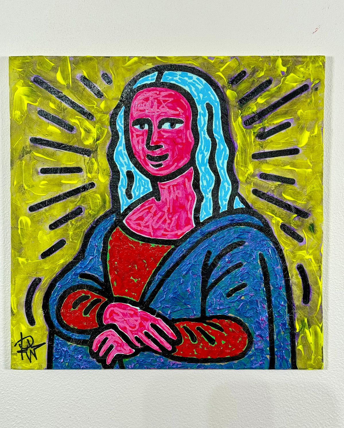 Original Pop Icon painting of Mona by Audrey Néron, with bold black outlines, pink face and hands, blue robe, red garments, and a vibrant yellow halo background.