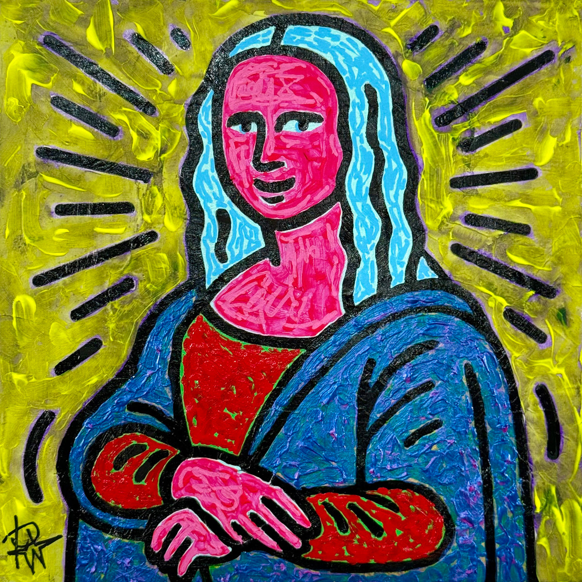 Pop Icon painting of Mona by Audrey Néron, featuring bold black outlines, pink face and hands, blue-green robe, and a radiant yellow halo background.