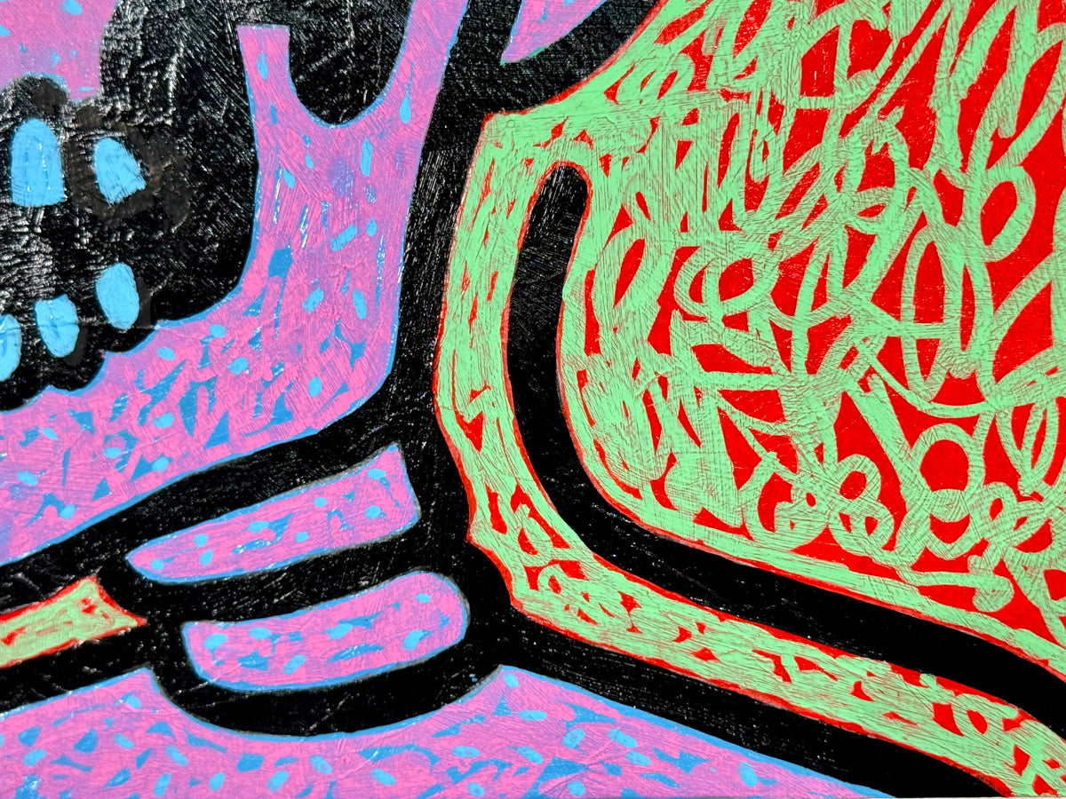 Close-up detail of a Pop Icon skull painting by Audrey Néron, featuring bold black outlines, a pink skull, and green-red textured background in acrylic.