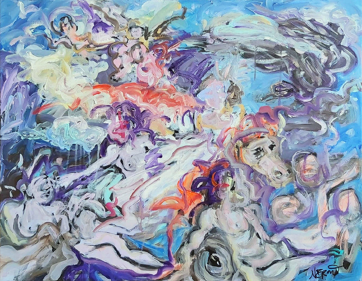 The Abduction of Europa (2021) by Audrey Néron, acrylic and oil on canvas, 24 × 30 inches, with fragmented figures in blue, violet and coral tones.