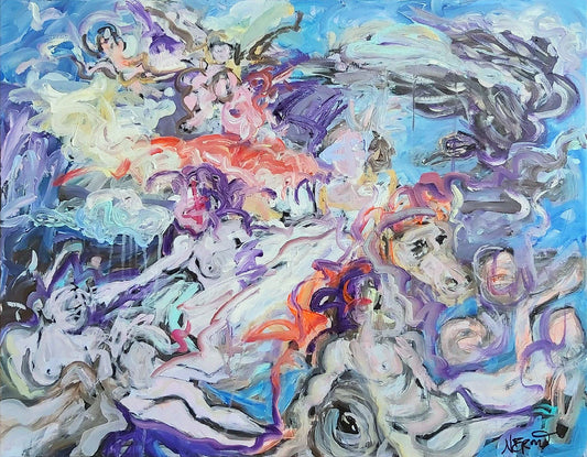 The Abduction of Europa (2021) by Audrey Néron, acrylic and oil on canvas, 24 × 30 inches, with fragmented figures in blue, violet and coral tones.