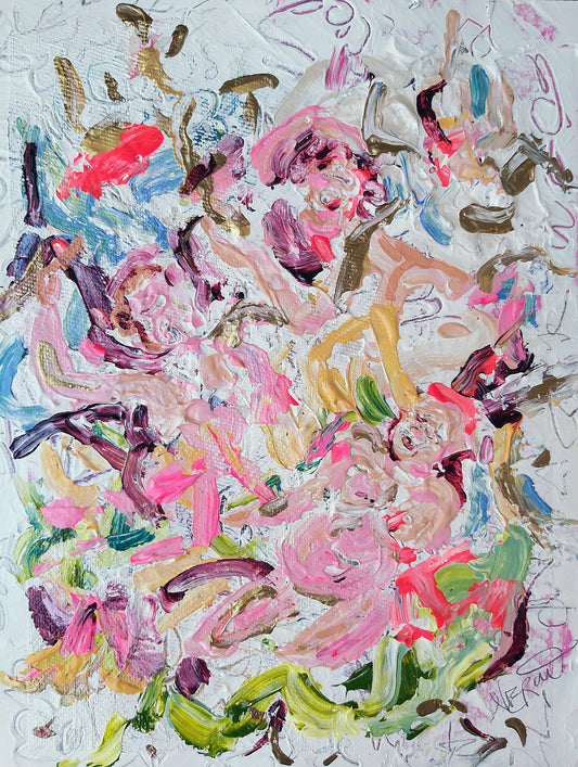 Abstract mixed-media painting Aura Vernalis (2024) by Audrey Néron, vibrant pink, green, and yellow brushstrokes with textured layers evoking spring renewal