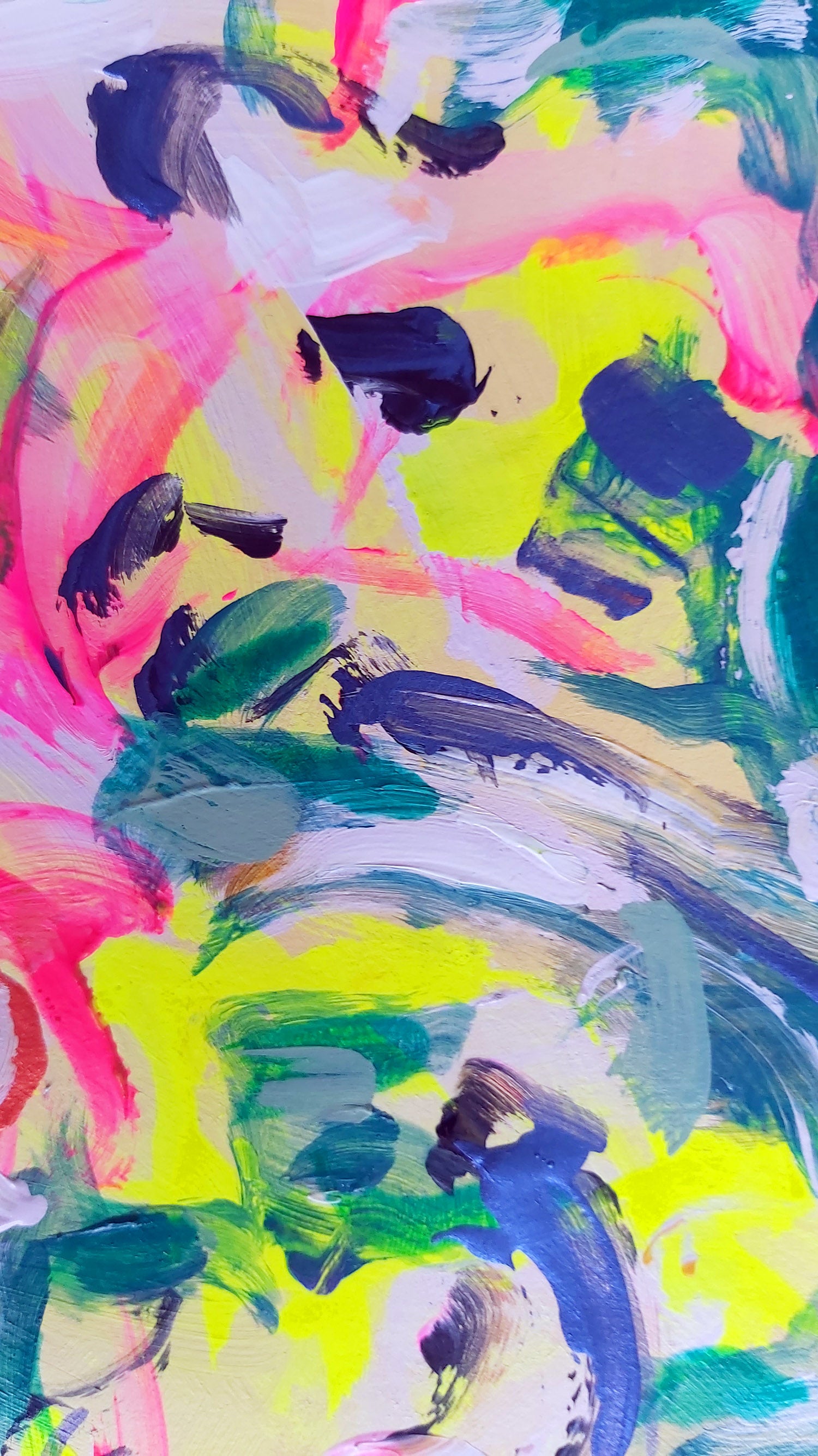 Detail of Avium Caos V by Audrey Néron – Abstract acrylic and ink artwork on Yupo paper, featuring vibrant colors and dynamic brushstrokes evoking the movement of birds in flight.