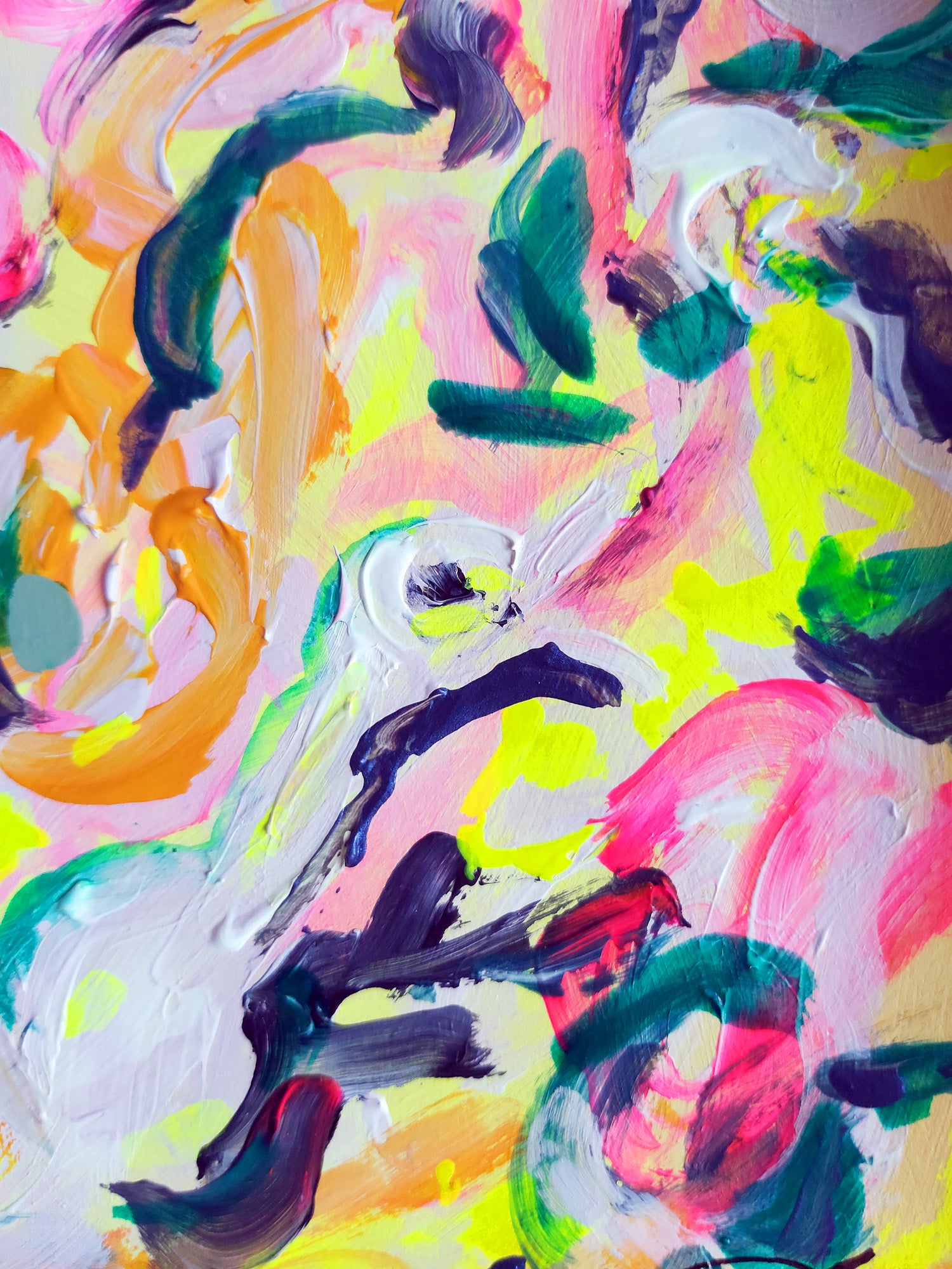 Detail of Avium Caos V by Audrey Néron – Abstract acrylic and ink painting on Yupo paper, featuring vibrant colors and organic forms that evoke the flight of birds.