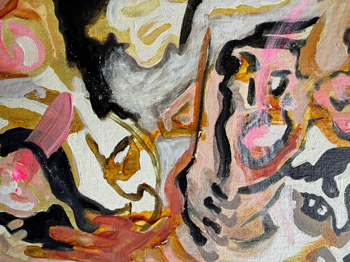 Detail of Carnis Festa (2026) by Audrey Néron, showing layered acrylic brushwork, flesh tones, black gestures and fragmented figurative forms.