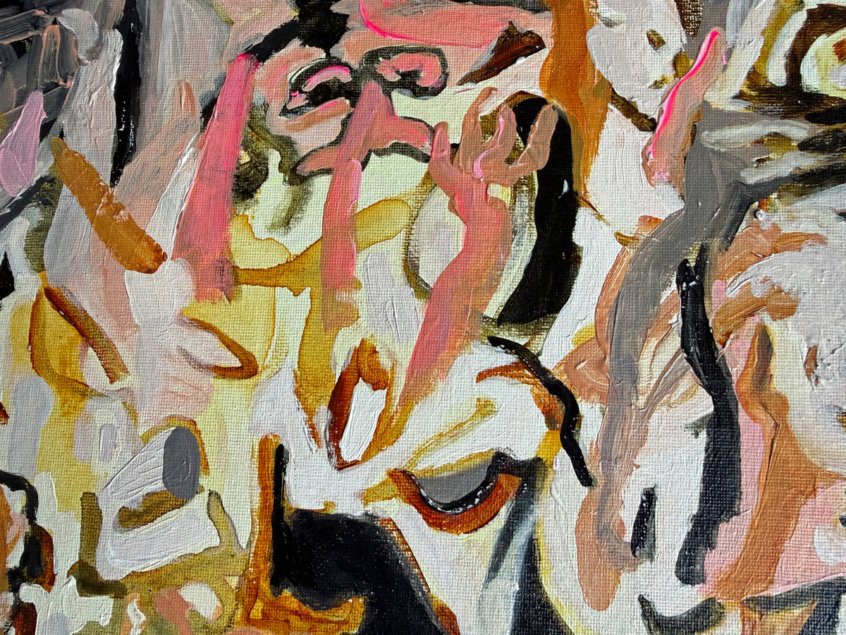 Detail of Carnis Festa (2026) by Audrey Néron, showing layered acrylic brushwork, flesh tones, black gestures and fragmented figurative forms.