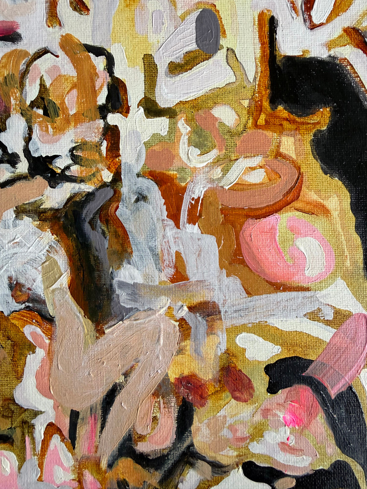 Detail of Carnis Festa (2026) by Audrey Néron, showing layered acrylic brushwork, flesh tones, black gestures and fragmented figurative forms.