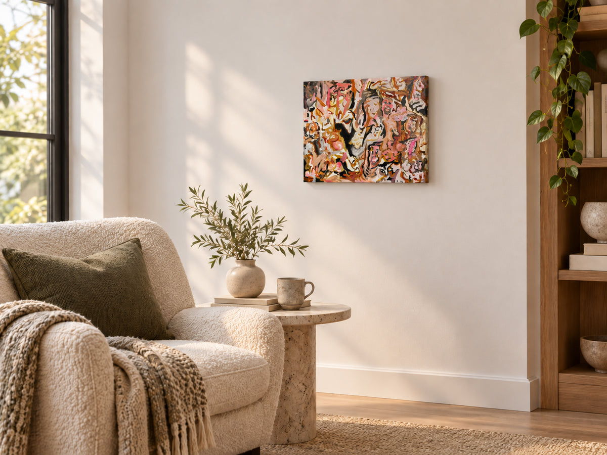 Carnis Festa (2026) by Audrey Néron shown in a contemporary interior at realistic scale, 16 × 20 in.