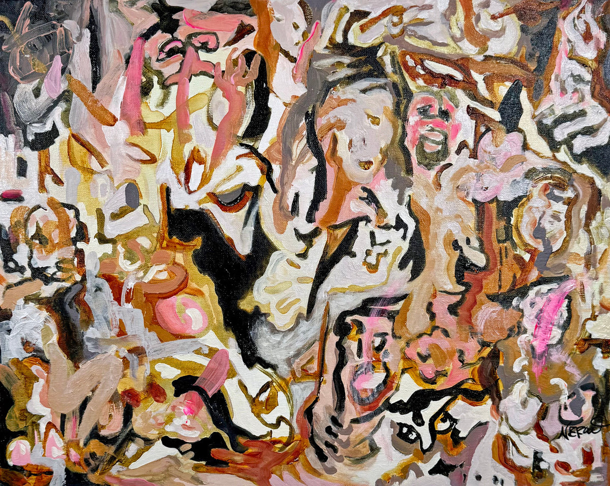 Carnis Festa (2026) by Audrey Néron, acrylic painting on canvas mounted on wood panel, 16 × 20 in.