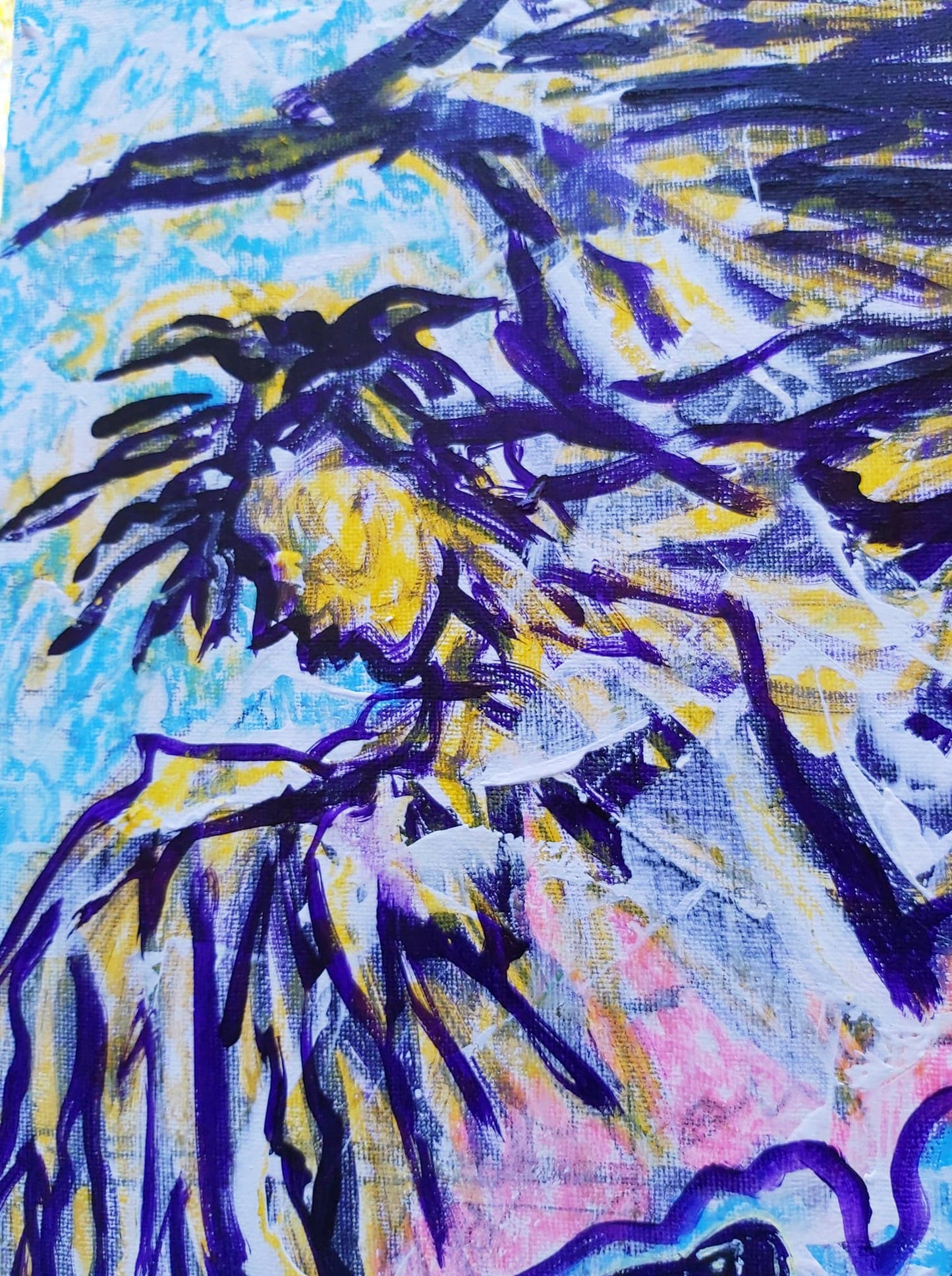 Detail of 'Catabase' (2020) by Audrey Néron, depicting the symbolic Angel of Death in abstract expressionism. The vibrant colors of yellow, purple, and blue evoke a sense of transformation and mortality, with dynamic brushstrokes enhancing the dramatic presence of the figure.