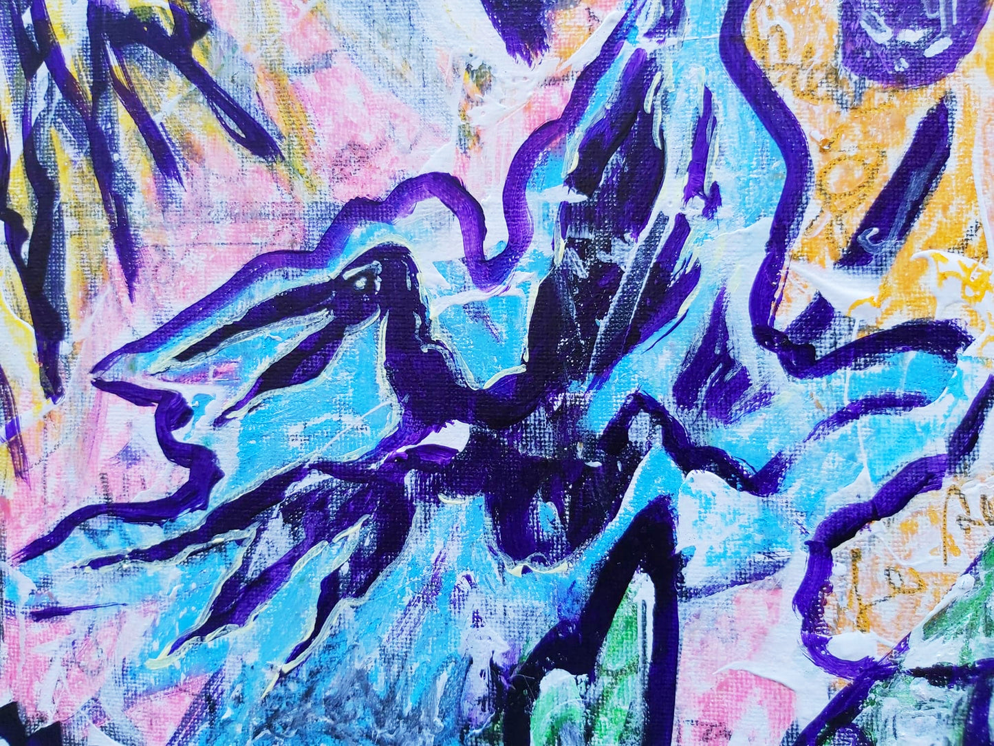 Detail of 'Catabase' (2020) by Audrey Néron, featuring a symbolic raven in abstract expressionism. The vibrant blue and purple colors convey a sense of transformation and mortality, with dynamic brushstrokes enhancing the dramatic effect.