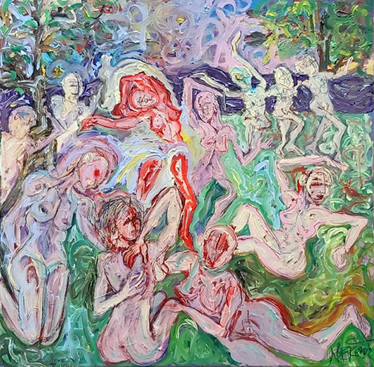 Mixed-media painting “CELEBRATE” by Audrey Néron, 24×24 inches. Abstract-figurative reinterpretation inspired by André Derain’s Fauvist work, featuring vibrant colors and expressive layered textures.