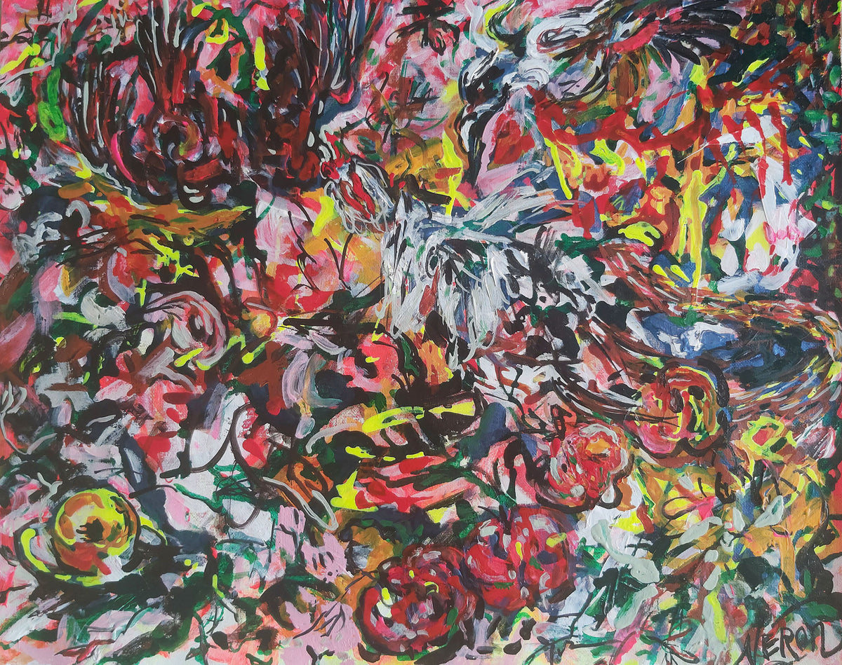 Chaos Florens (2025) by Audrey Néron, acrylic and ink on canvas mounted on wood, 16 × 20 in.