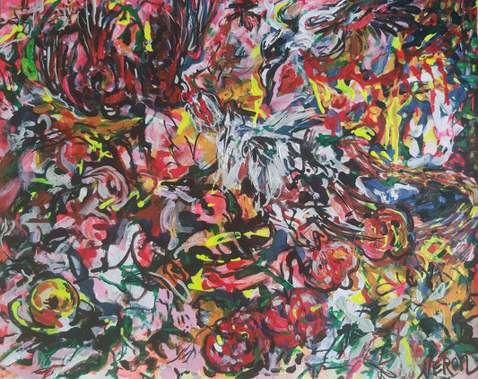 Chaos Florens (2025) by Audrey Néron, acrylic and ink on canvas mounted on wood, 16 × 20 in.