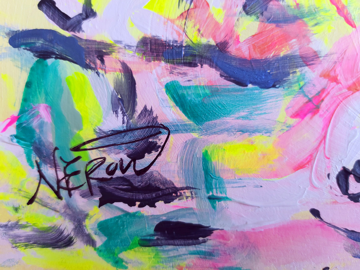 Detail of the artist's signature on Chorus Avium from the Avium Caos Series by Audrey Néron, showcasing the signature to confirm authenticity and completion of the artwork.