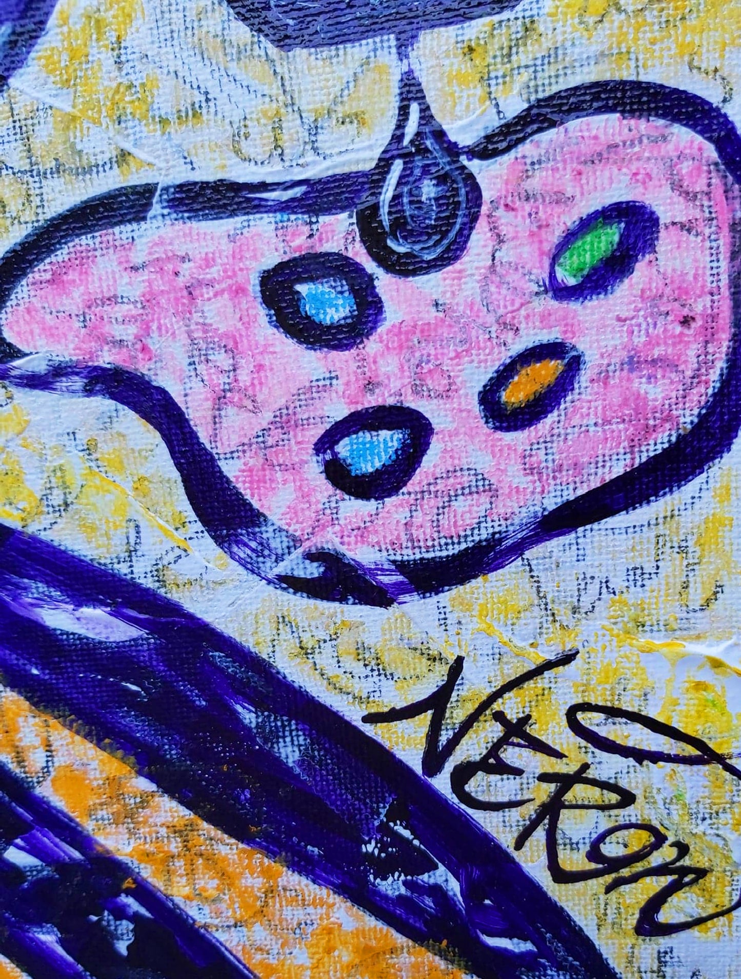 Detail of the artist’s signature from Chronos, 2020, by Audrey Néron. Mixed media artwork highlighting the vibrant palette and personal touch of the artist’s creative identity.