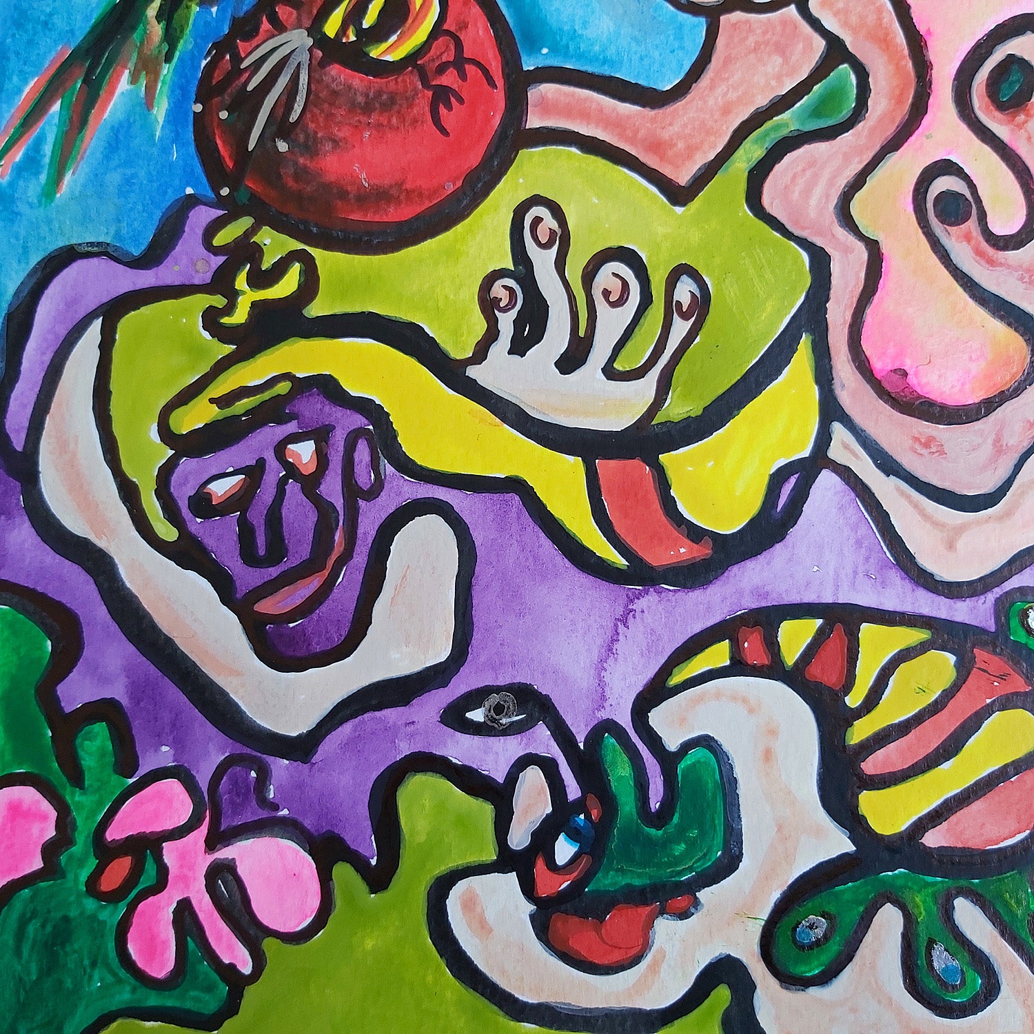 A detailed section of Audrey Néron's 2022 abstract painting "Dancing Hearts" from the "Humans Landscape" series. The close-up highlights organic shapes and bold black outlines framing vibrant colors of green, yellow, purple, and red, showcasing dynamic interactions between abstract figures and natural elements.