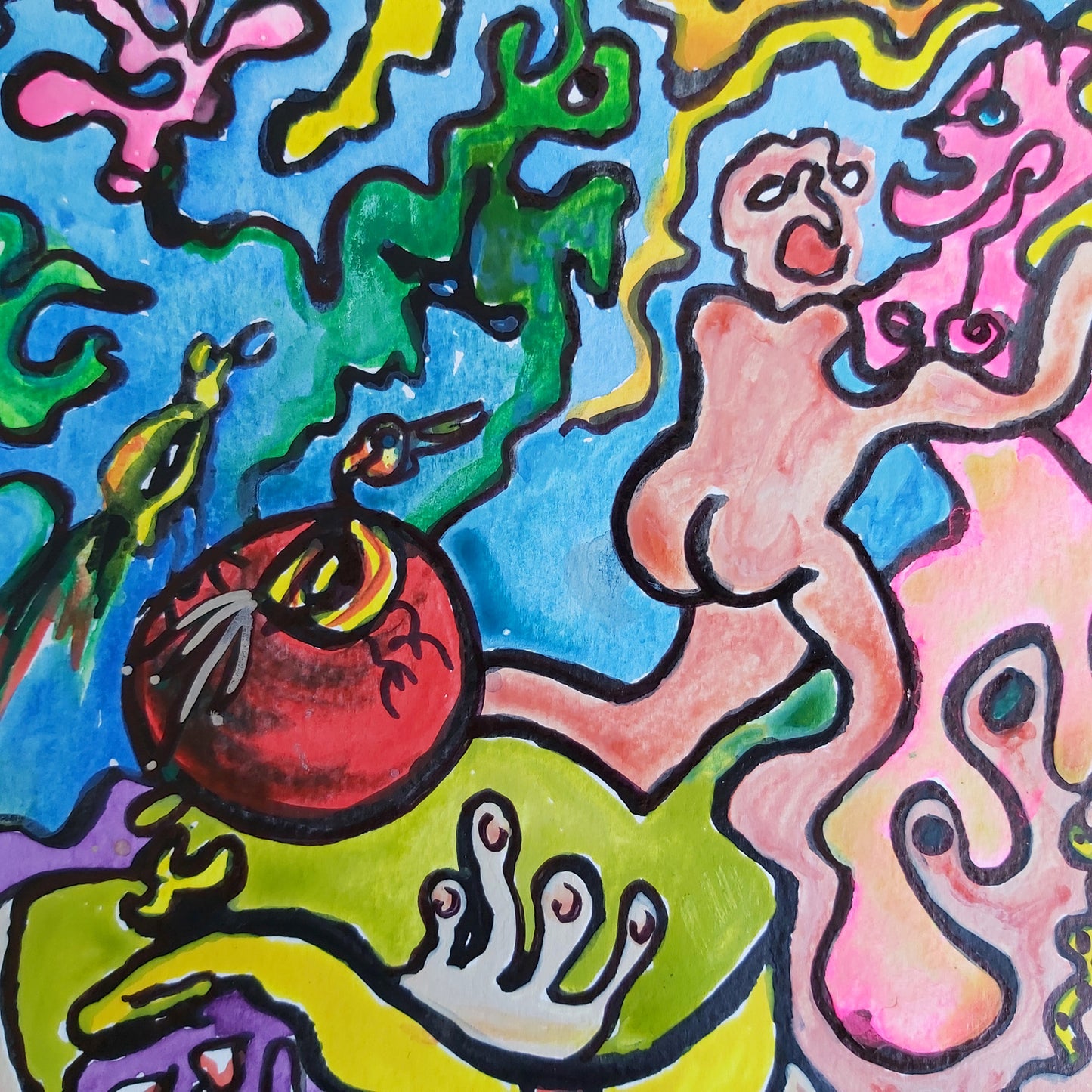 A detailed section of Audrey Néron's 2022 abstract painting "Dancing Hearts" from the "Humans Landscape" series. The close-up illustrates a joyous couple depicted in abstract forms, dancing amidst vibrant swirls of blue, green, and pink, with bold black outlines and a central red orb symbolizing connection and passion.